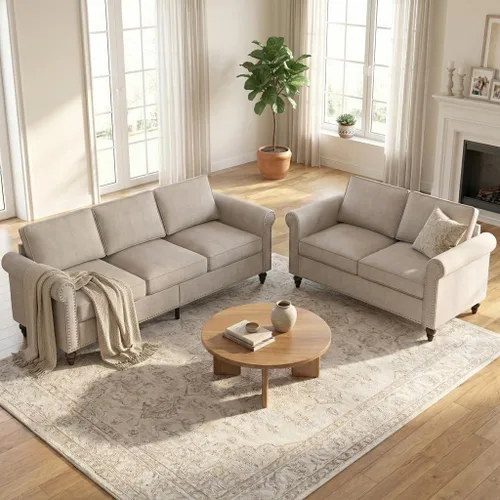 Vista 15 de PUREMIND Juego de sofá de 2 piezas para muebles de sala de estar, juego de sofá y silla de oficina moderno de lino con patas de madera maciza, sofá