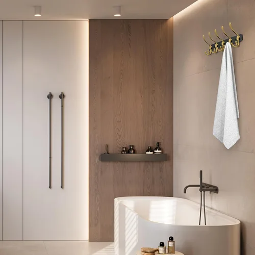 Vista 4 de Perchero de pared con 5 ganchos triples, acero inoxidable de 16 pulgadas – Acabado mate negro y dorado, perchero de pared resistente para abrigos