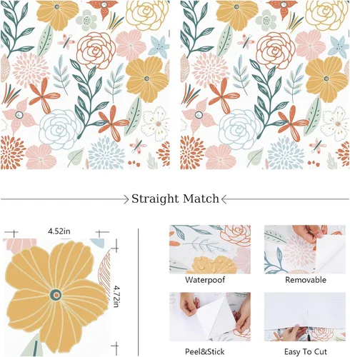 Vista 5 de WENMER Papel tapiz floral para despegar y pegar de 17.71 x 118 pulgadas, papel tapiz floral bohemio, papel de contacto floral rosa, autoadhesivo