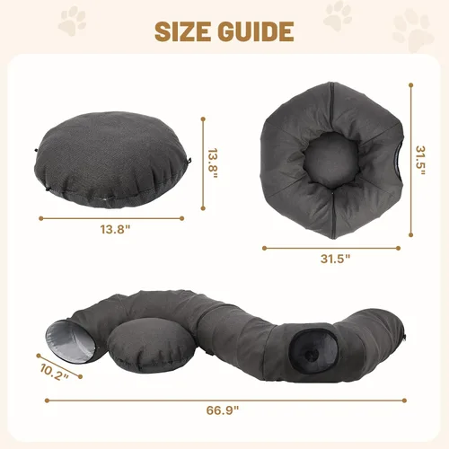 Vista 5 de Cama túnel para gatos de interior, túnel de lino natural refrescante para gatos, túnel transpirable de 29.5 pulgadas para gatos con tapete lavable