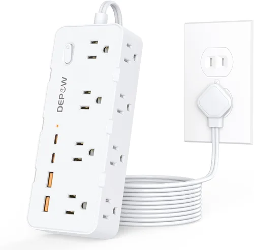 Vista 13 de DEPOW Regleta de alimentación negra de 2 puntas, adaptador de salida de 2 a 3 clavijas con 8 puertos de CA y 4 puertos USB (2 USB C), cable