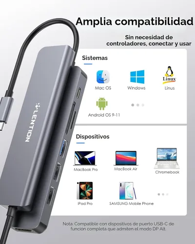 Vista 7 de LENTION Hub USB C 7 en 1, HDMI 4K a 60Hz, PD de 100 W, lector de tarjetas Gris espacial