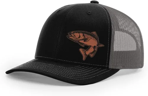 Vista 45 de Sombrero de pesca de trucha con parche de cuero grabado láser Richardson 112 Snapback Trucker Cap