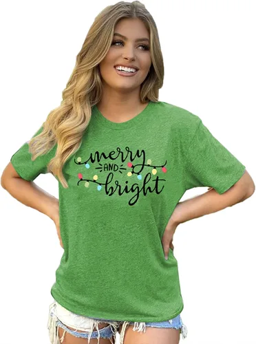 Vista 3 de Christmas Shirt Merry and Bright Christmas Lights T-Shirts Women Xmas Lights Graphic Shirts Merry Christmas Holiday Top