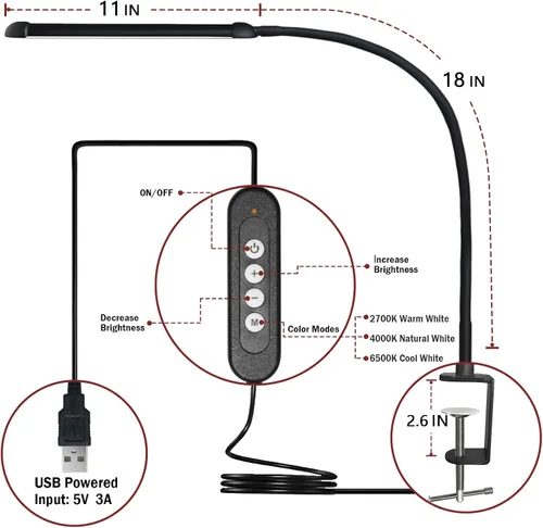 Vista 5 de Lámpara de escritorio LED con abrazadera, lámpara de abrazadera con modos de color ajustables, luz con clip con cuello de cisne flexible largo