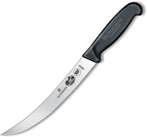 Vista 3 de Victorinox Fibrox 8-Inch Curved Breaking Knife - Pro Butcher Slicing Knife Hoja de acero inoxidable estampada de fabricación suiza con un mango