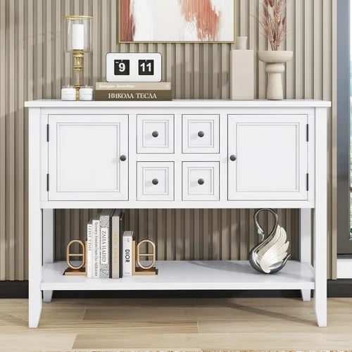 Vista 15 de Merax Mesa de buffet de madera con estante de almacenamiento, 2 cajones y armarios, gabinete de barra de café para sala de estar, comedor, cocina