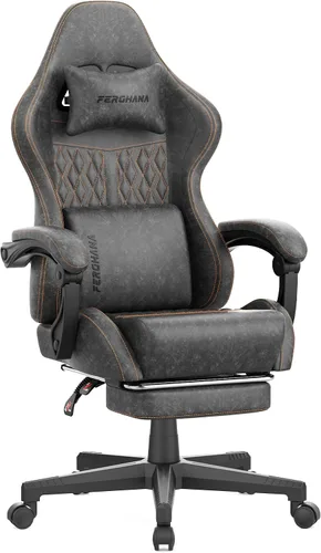 Vista 12 de Ferghana Silla vintage de piel sintética para videojuegos, silla de jugador con respaldo alto con masaje, silla ergonómica de oficina para Negro