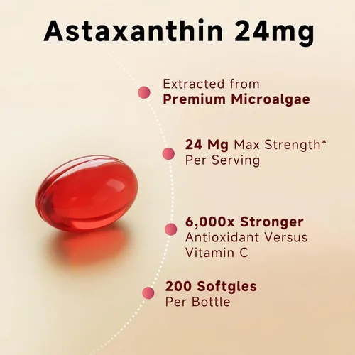 Vista 2 de GBN Suplementos de astaxantina 24 mg 200 cápsulas blandas, apoya la salud de los ojos, la piel, las articulaciones, el cerebro, el corazón