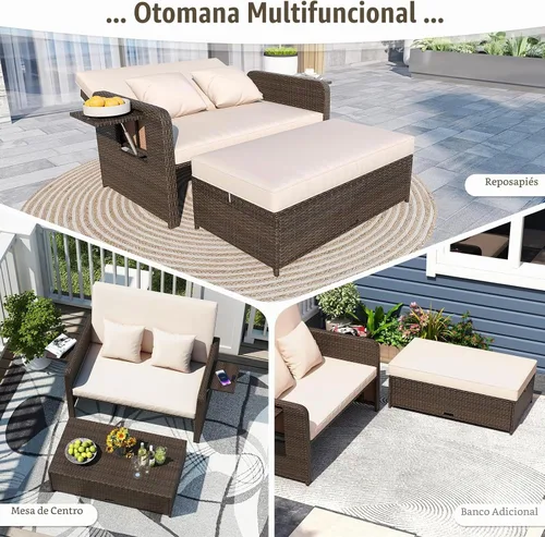 Vista 7 de LDAILY Moccha - Sofá cama para exteriores, sofá biplaza de mimbre con respaldo ajustable de 4 posiciones, otomana de almacenamiento, cojines Beige