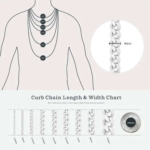 Vista 5 de KEZEF Sterling Silver 8mm Mens Curb Link Chain Necklace or Bracelet Made in Italy Creations