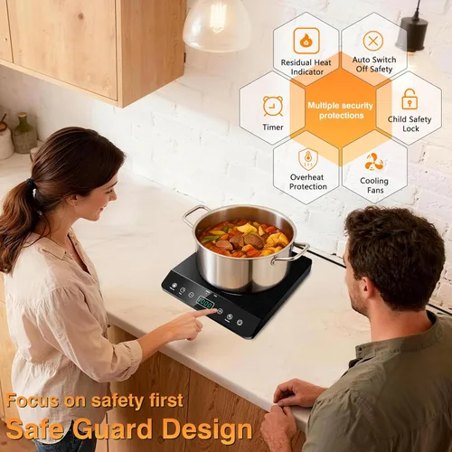Vista 4 de Placa de inducción de quemador único, cocina de inducción portátil certificada ETL de 1800 W, bobina de calentamiento grande de 8 pulgadas, 12