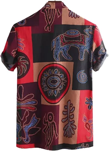 Vista 6 de Camisas de lino africano para hombre, estampado tradicional, manga corta, con botones, camisas hawaianas