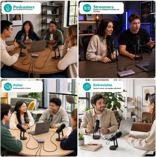 Vista 9 de Movo - Paquete de equipo de podcast USB para 4 personas, 4 micrófonos de condensador, Hub y estuche Negro