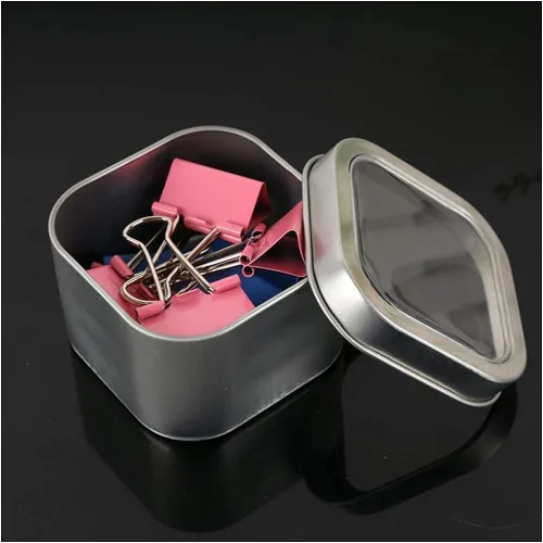 Vista 4 de Latas cuadradas de metal con tapas de ventana, paquete de 15 latas de plata cuadradas vacías para hacer velas, dulces, regalos y tesoros (4 onzas)