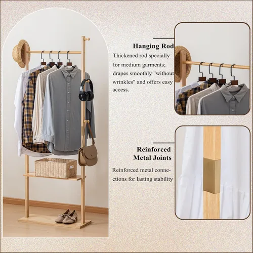 Vista 4 de SOBIBO Perchero de madera maciza con estantes y ganchos, perchero para ropa con almacenamiento para pasillo, dormitorio, sala de estar, 15.75