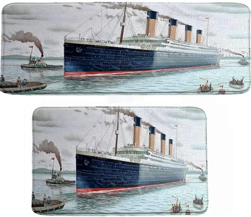 Vista 2 de Alfombra de baño náutica Titanic, decoración de fiesta, retro, clásica, romántica, película de amor, paisaje, océano, acuarela, niños y niñas