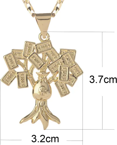 Vista 2 de Collar con colgante de árbol de billetes de 18 quilates chapado en oro de 100 dólares para mujeres y hombres, colgante de árbol de dinero, 0.118 in
