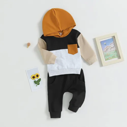 Vista 2 de Conjunto de ropa de invierno de 2 piezas con capucha de manga larga para bebé, pantalones casuales de retazos