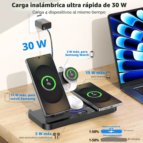 Vista 4 de Cargador inalámbrico magnético para Samsung, 6 en 1 para estación de carga Samsung, teléfono dual de 30 W con interruptor automático de luz y reloj
