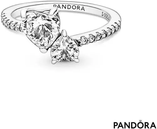 Vista 2 de PANDORA Anillo brillante de doble corazón, talla 50, Cobre, plata de ley, circonita, Zirconia cúbica