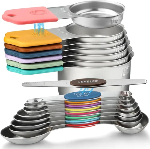 Vista 8 de Juego de 7 tazas medidoras magnéticas apilables de acero inoxidable para medir ingredientes secos y líquidos