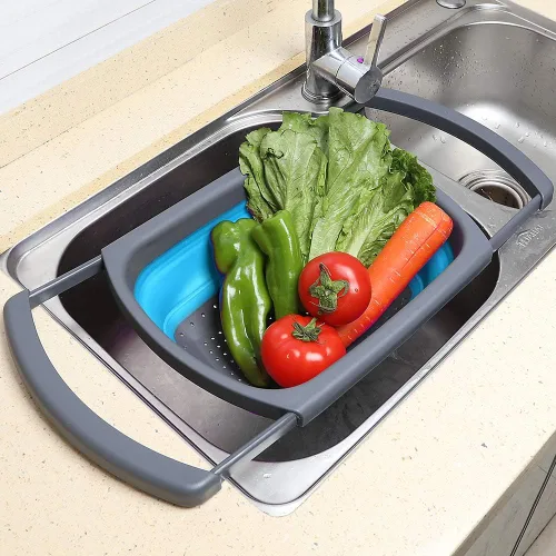 Vista 5 de Qimh Colador plegable, colador sobre el fregadero, coladores de alimentos con asas extensibles, 6 cuartos de galón, colador plegable de cocina apto