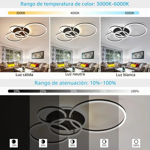 Vista 2 de Lámpara de techo LED moderna de 90W regulable con control remoto, 5 anillos, lámpara de techo empotrada, candelabro acrílico negro LED para sala