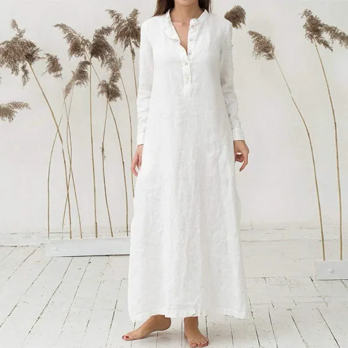 Vista 2 de ADHOWBEW Vestido largo de lino de manga larga con cuello en V para mujer, con bolsillos, ajuste holgado