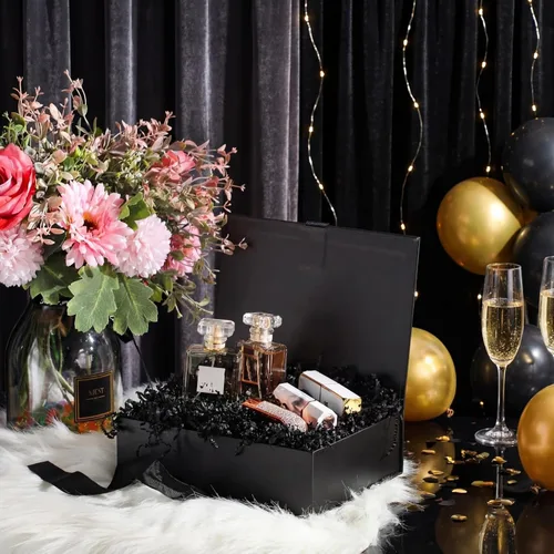 Vista 4 de Zonon - Caja de regalo de lujo color negro y rosa con tapa y cinta, bolsa de regalo de 9 x 7 x 3 pulgadas, con tarjeta de felicitación, papel