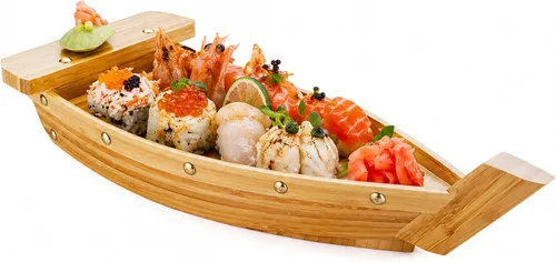 Vista 6 de Restaurantware -Bandeja de servicio de barco de sushi de 17.3 pulgadas, 1 bote de sushi duradero - Robusto, fácil de limpiar, barco de madera