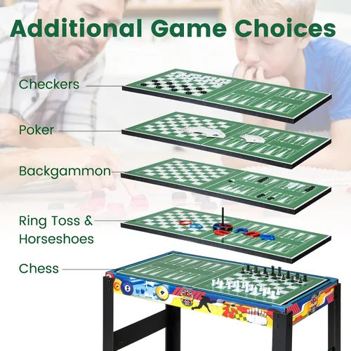 Vista 2 de Goplus Mesa de juego múltiple 12 en 1, mesa de juego combinada con futbolín, billar, tenis de mesa, hockey de aire, bolos, tejo, damas, ajedrez