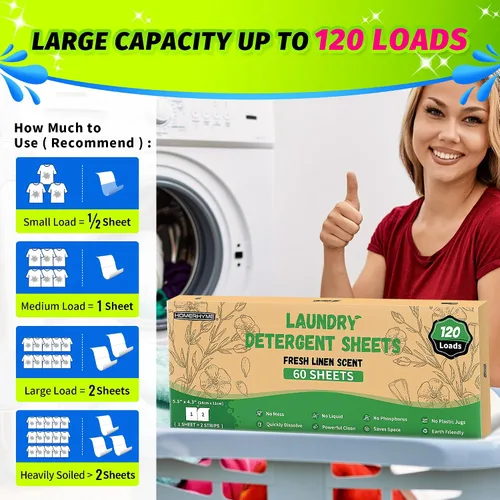 Vista 4 de Sábanas de detergente para ropa – Fresh Linen 120 Cargas de detergente para ropa sucia a granel, detergente de viaje a granel, ecológicas e
