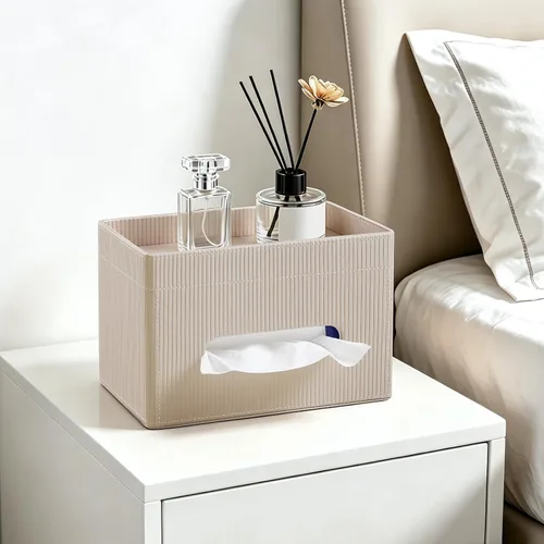 Vista 6 de Funda para Caja de Paños Rectangular con Bandeja de Almacenamiento, Soporte de Paños de PU para Tocador de Baño, Mesitas de Noche, Dormitorio