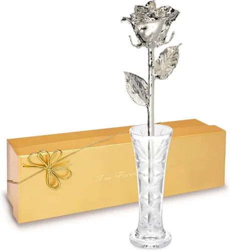 Vista 14 de Forever Rose - Rosa real sumergida en plata, rosa preservada hecha a mano en jarrón de corazón acrílico y lujosa caja de regalo dorada, regalo