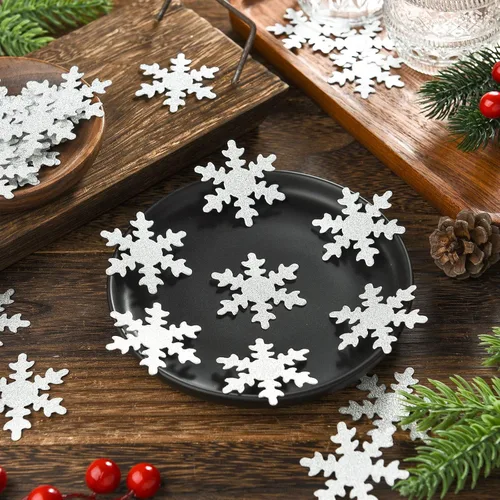 Vista 3 de Skylety 100 piezas de confeti grande de copo de nieve de 1.97 pulgadas, confeti de Navidad con purpurina de doble cara, decoración de mesa de fiesta
