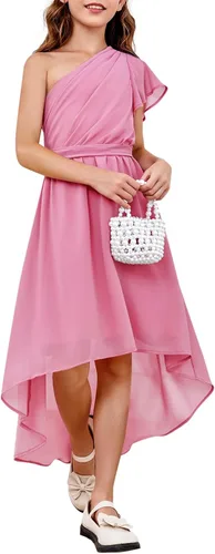 Vista 5 de rrhss Vestidos de flores para niñas con volantes de un hombro y vuelo, acampanado, sin mangas, lindos vestidos de fiesta de graduación de boda