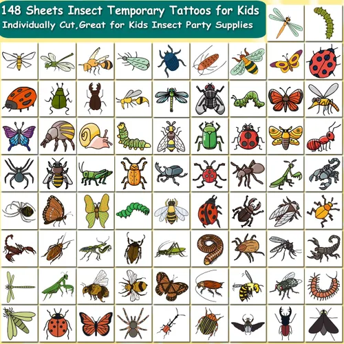 Vista 2 de CHARLENT 148 hojas individuales de tatuajes temporales de insectos para niños, tatuajes de insectos para niños, suministros de fiesta de cumpleaños