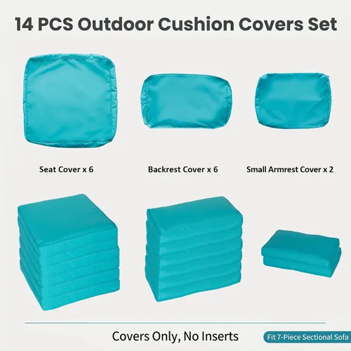 Vista 2 de KINTNESS Fundas de cojín de repuesto para sofá modular de ratán de 7 piezas, 14 fundas impermeables para cojines de patio con cremallera (azul)