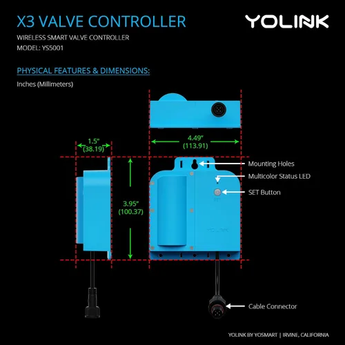Vista 3 de YoLink Kit de controlador de válvula X3, válvula de bola motorizada de latón de 1/2 pulgada, LoRa largo alcance, litio de más de 10 años, D2D