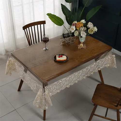 Vista 3 de Mantel rectangular de plástico transparente de vinilo impermeable, borde de encaje bordado, mantel transparente para comedor, cocina al aire libre