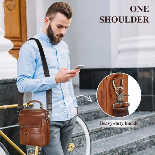 Vista 6 de BAIGIO Bolso bandolera de cuero genuino para hombre, bolso de mensajero pequeño para hombre, bolso de cuero para regalo de padre