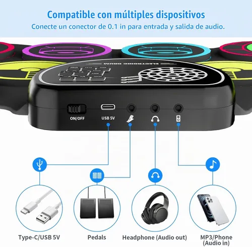 Vista 3 de Miortior Juego de batería electrónica, 10 almohadillas enrollables, almohadilla de práctica con pedales de batería y palos, altavoz integrado
