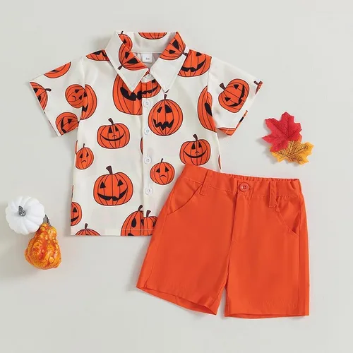 Vista 2 de Conjunto de camiseta de manga corta con cabeza de calabaza para bebé niño, traje de Halloween, pantalones cortos naranjas de verano