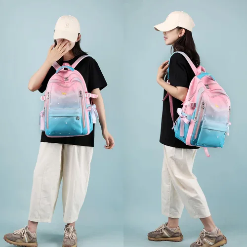 Vista 7 de Mochila para niñas y niños, bonita mochila escolar Kawaii ligera para escuela media y secundaria con bolsillo antirrobo, Negro Blanco, Mochila