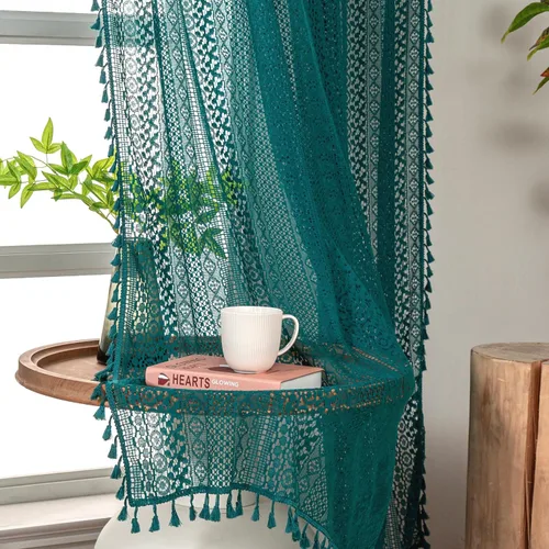 Vista 33 de WAZZIO Cortinas de Encaje, Cortina Boho de Crochet para Dormitorio, Cortinas de Café de Algodón, 45 Pulgadas de Largo, 2 Paneles con Bolsillo