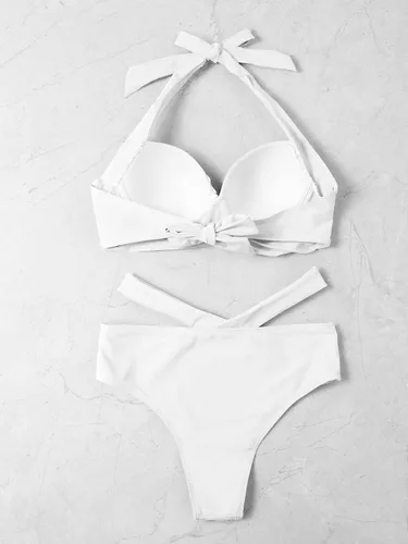 Vista 2 de SOLY HUX Traje de baño de dos piezas para mujer con corte torcido halter push up bikini conjunto traje de baño