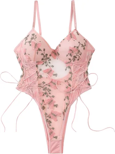 Vista 19 de Lilosy Teddy de Lencería Sexy para Mujer con Cordones y Bordado Floral, Body Top de Malla Transparente de Una Pieza Verde militar
