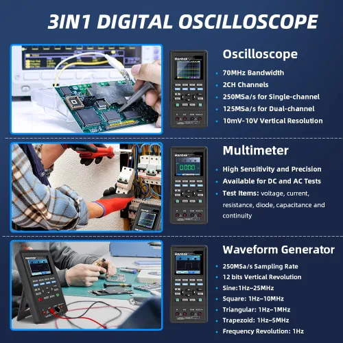 Vista 2 de Hantek Osciloscopio 2D72, 2+1 CH 70MHz con generador de formas de onda y multímetro, probador multifunción 3 en 1, 2CH+AFG+DMM