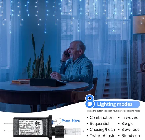 Vista 3 de Luces de carámbano para decoración al aire libre, 300 LED, 33 pies, 8 modos, cortina de luces con 50 gotas, tira de luces LED para interiores